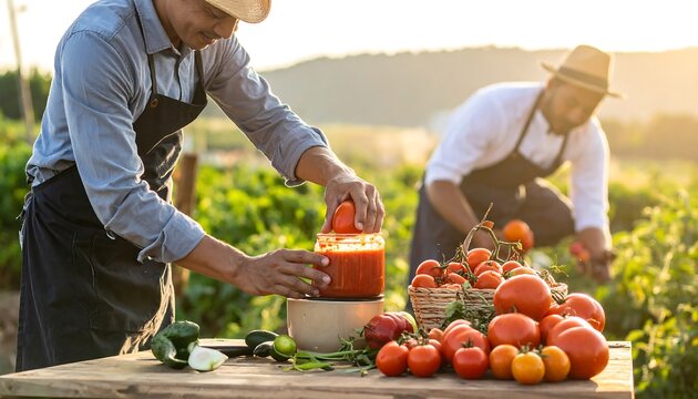 Two farmers preparing harvested tomatoes in a sunny field, one using a blender, the other sorting into a basket - Powered by Adobe