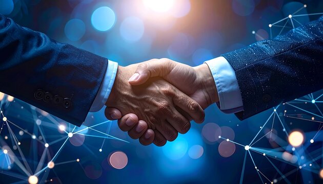 Two arms and hands shaking against a backdrop of glowing dots and interconnected lines on a deep blue background