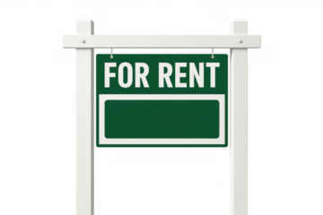 For rent sign displaying property or housing rental message on a white frame, transparent background