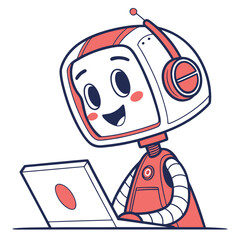Cute cartoon robot character with headphones working on a laptop computer