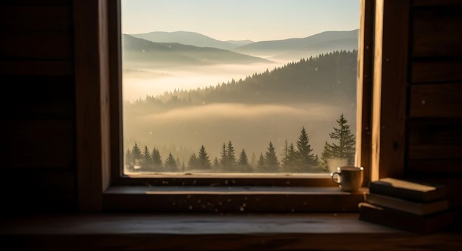 A scenic view of mountains and forest through a window with books and a mug on the sill