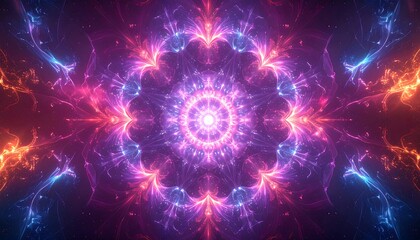 Symmetrical fractal glowing vortex, fiery energy emanating from the center in pinks, purples, blues and oranges