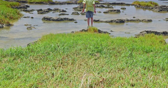 Children observe marine life in the intertidal zone of Okinawa.