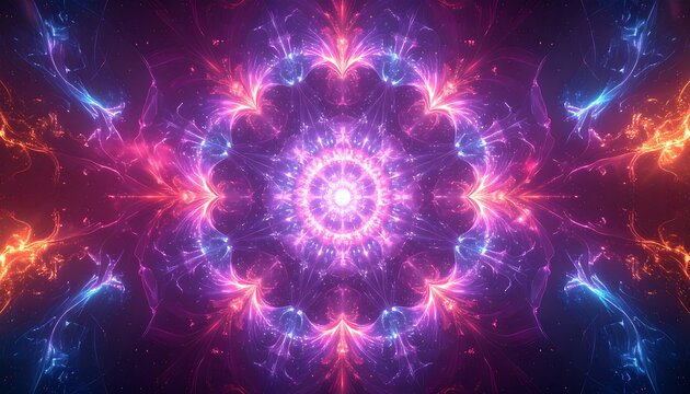 Symmetrical fractal glowing vortex, fiery energy emanating from the center in pinks, purples, blues and oranges