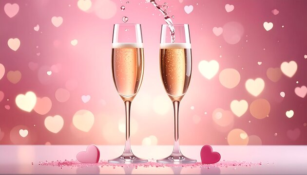 Two filled champagne flutes stand against a pink bokeh heart background. Pink hearts scatter on a white surface