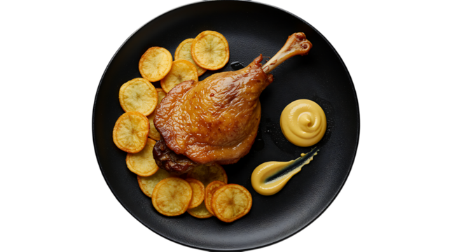 Delicious roasted duck confit with potato chips and mustard on transparent background