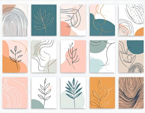 Collection of fifteen minimalist abstract botanical posters with geometric shapes, lines, and textures