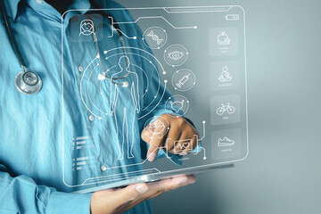 AI in Healthcare,Medical Technology,Healthtech concept.,Doctor using a tablet with a futuristic UI to analyze a patient's medical data on white background with copyspace.