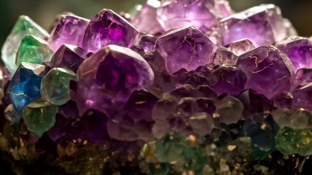 Close-up view of vibrant amethyst and fluorite crystals showcasing intricate details and textures