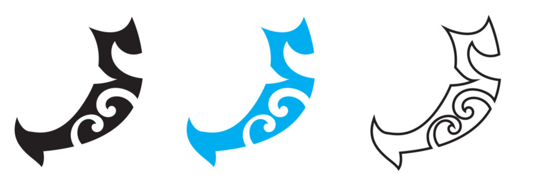 Maori tattoo style fish hook. Ethnic decorative oriental ornament with Frangipani Plumeria flowers. Vector illustration. EPS 10