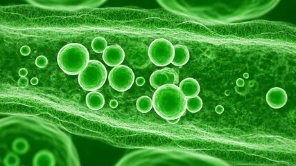 Microscopic view of vibrant green cells and microorganisms flowing through a biological tube representing cellular processes scientific research and medical advancements in a dynamic and abstract bio. - Powered by Adobe