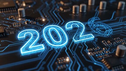 digital circuit board with glowing blue year 2026 illuminated by neon light on electronic surface - Powered by Adobe