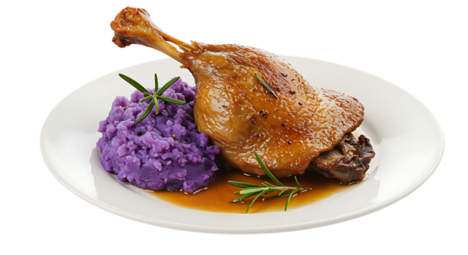 Delicious roasted duck leg confit with purple mashed potatoes on transparent background