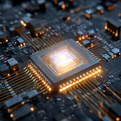 A captivating futuristic AI chip featuring stunning holographic projections, symbolizing the future of artificial intelligence.