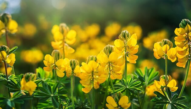 Closeup On Bright And Rich Yellow Flowering Birdsfoot Deervetch Or Trefoil Lotus Corniculatus