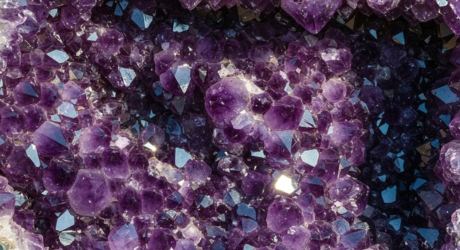 A close up view of a massive amethyst geode displaying complex crystal formations and deep violet color saturation in natural light ,magenta ,macro ,purple