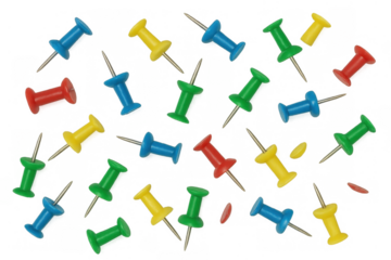 Colorful pushpins falling pattern on transparent background representing organization, office, and business concepts