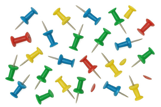 Colorful pushpins falling pattern on transparent background representing organization, office, and business concepts