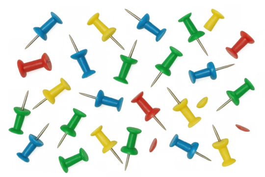 Colorful pushpins falling pattern on transparent background representing organization, office, and business concepts - Powered by Adobe