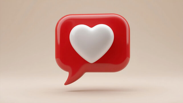 3D Render of a Shiny Red Speech Bubble Icon with a White Heart Symbol for Love, Likes, Social Media Engagement, and Chat Communication Concepts