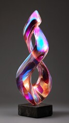 A mesmerizing fluid glasslike holographic abstract sculpture reflecting vibrant colors and dynamic shapes.