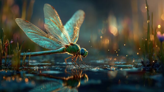 Vibrant turquoise dragonfly macro photography insect wings water reflection nature wildlife	
