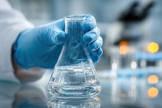 Scientist holding test tube in laboratory with blue nitrile gloves chemical research	