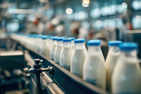 Milk bottles on production line factory manufacturing dairy conveyor blue industrial beverage processing equipment	