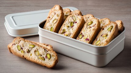 Professionally composed artisan pistachio biscotti cookies with visible green pistachios displayed in white container showcasing gourmet baked goods packaging	