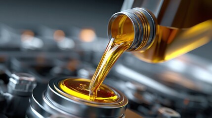Golden motor oil pouring close-up showing viscous liquid automotive lubricant engine maintenance industrial product industrial