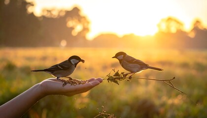 Two birds perched on a hand and a branch, feeding against a golden sunrise backdrop