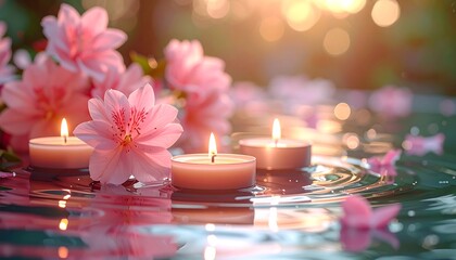 Three lit candles float on water among pink blossoms, sunlight dappling on the surface creating a serene ambience