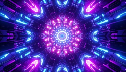 Symmetrical kaleidoscope tunnel of pink and blue neon lights converging to a bright center