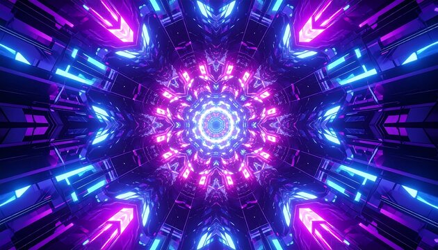 Symmetrical kaleidoscope tunnel of pink and blue neon lights converging to a bright center