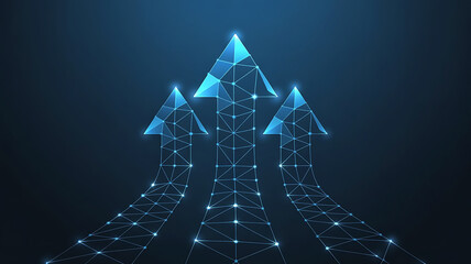 Abstract digital network arrows pointing upwards for business growth success or development