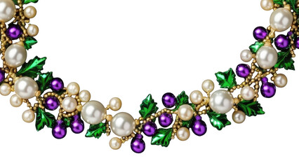 Christmas ornament border with metallic leaves and glossy baubles, suitable for web headers, social media posts, and winter decor projects.