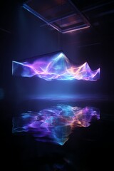 A floating 3D holographic projection radiates in a dark environment, showcasing vibrant colors and intricate details, captivating the viewer.