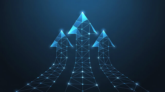 Abstract digital network arrows pointing upwards for business growth success or development