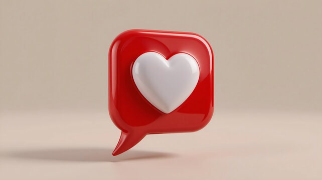 3D Render of a Shiny Red Speech Bubble Icon with a White Heart Symbol for Love, Likes, Social Media Engagement, and Chat Communication Concepts
