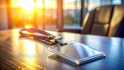 Identification in the Workplace: A gleaming, blank identification tag lies on a polished wooden surface, illuminated by the warm light of the sun, hinting at an environment of security and order.