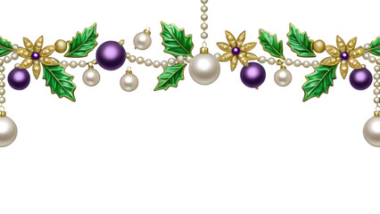 Festive tree garland with shiny purple, gold, and white holiday balls, great for Christmas backgrounds and decorative frame elements.