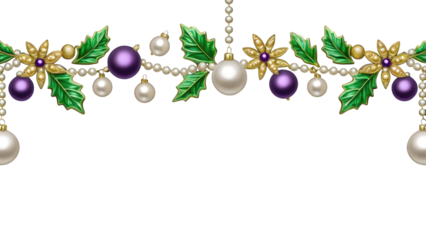 Festive tree garland with shiny purple, gold, and white holiday balls, great for Christmas backgrounds and decorative frame elements.