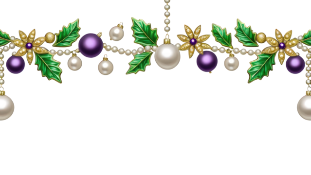 Festive tree garland with shiny purple, gold, and white holiday balls, great for Christmas backgrounds and decorative frame elements.