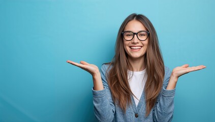 Enthusiastic woman with glasses presenting something amazing with open palms against a vibrant blue backdrop for your best product