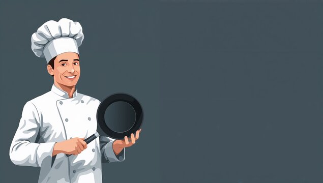 Professional chef holding a pan with confidence and a smile, perfect for restaurant ads or cooking content creation with blank space