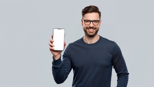 Smiling handsome man in glasses presenting new smartphone app or website for mobile marketing in a modern business template background