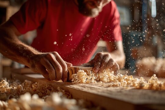 Hand plane shaving wood creating fine detail craftsmanship for woodworking DIY construction carpentry business - Powered by Adobe