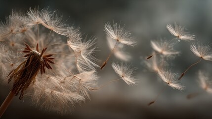 Dandelion seeds dispersing fluff botanical plant reproduction nature macro close-up environmental concept
