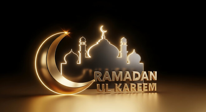 Ramadan Ul Kareem mosque and crescent glowing transparent background
