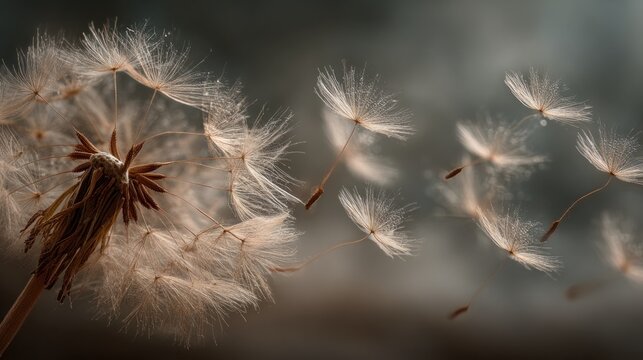 Dandelion seeds dispersing fluff botanical plant reproduction nature macro close-up environmental concept